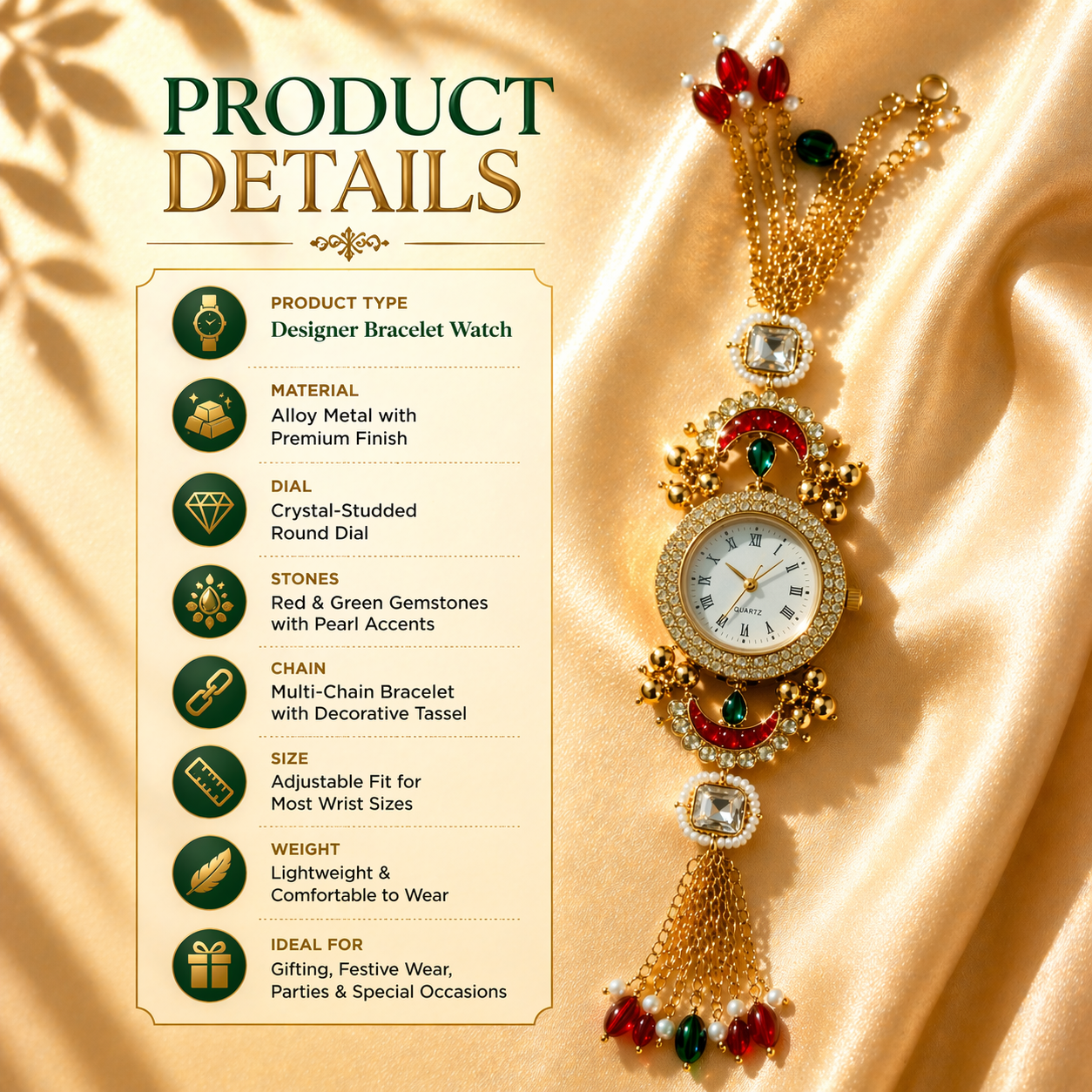 Luxury Kundan Bracelet Watch for Women – Ethnic Jewelry Style Wrist Watch