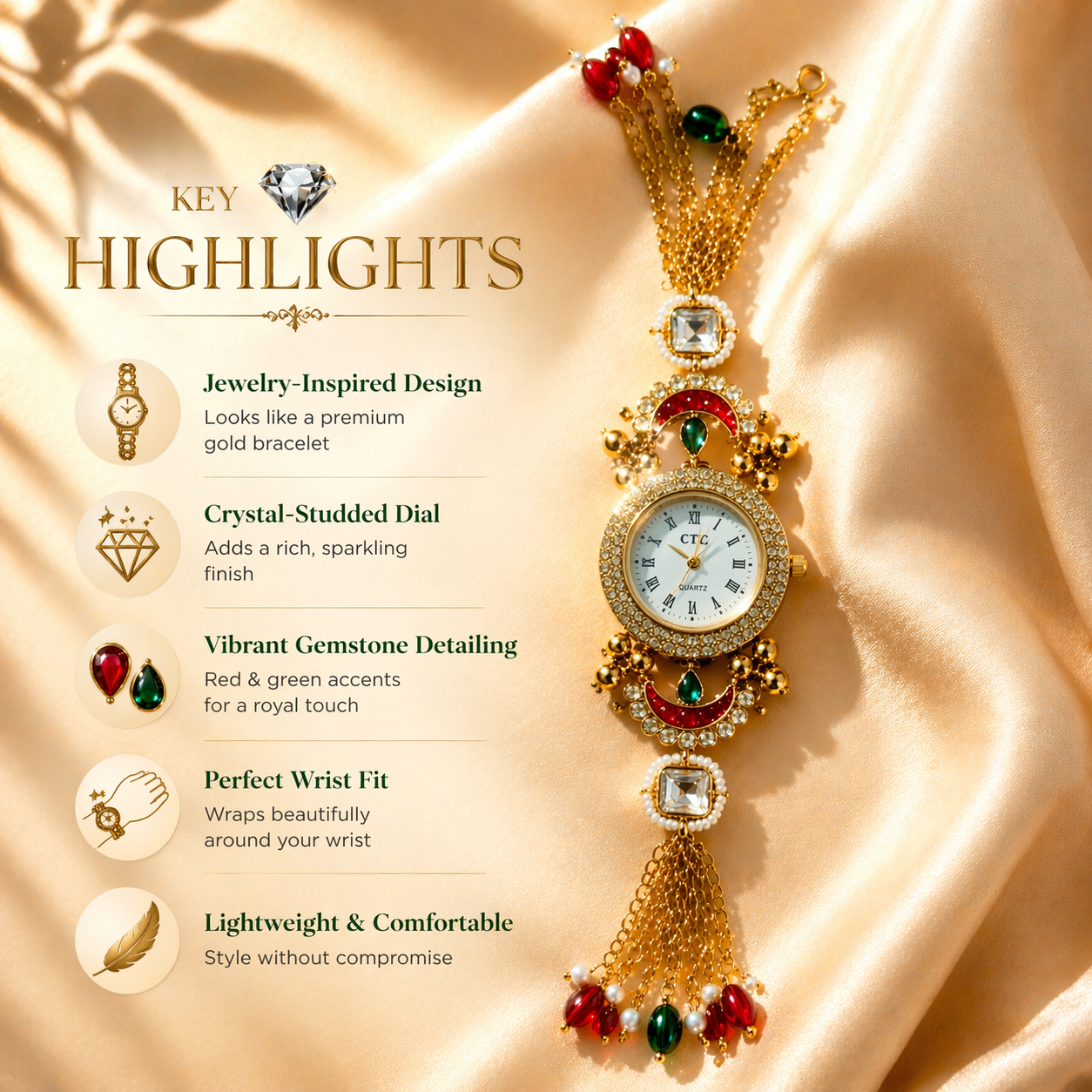 Luxury Kundan Bracelet Watch for Women – Ethnic Jewelry Style Wrist Watch