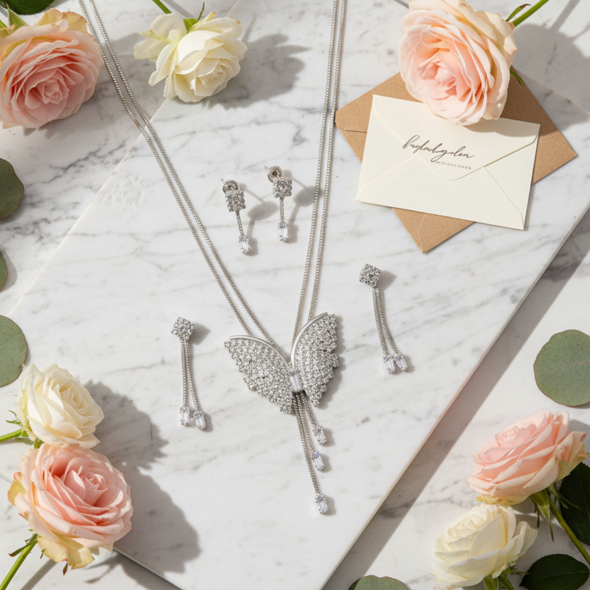 🦋 Butterfly Pendant Necklace with Earrings