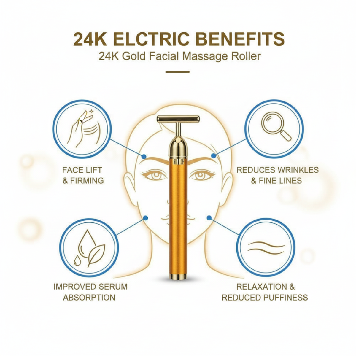 24K Gold Energy Beauty Bar Electric Facial Massage Roller