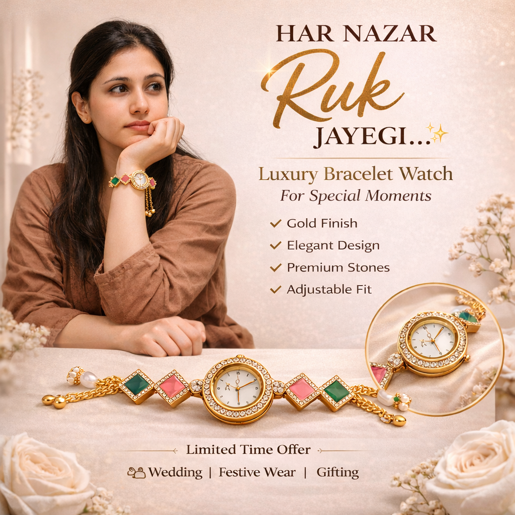 Luxury Gold Bracelet Watch for Women | Premium Gemstone Designer Watch for Wedding & Festive Wear
