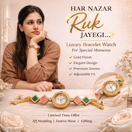 Luxury Gold Bracelet Watch for Women | Premium Gemstone Designer Watch for Wedding & Festive Wear
