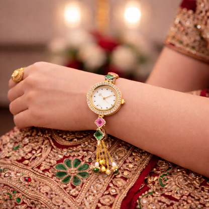 Luxury Gold Bracelet Watch for Women | Premium Gemstone Designer Watch for Wedding & Festive Wear
