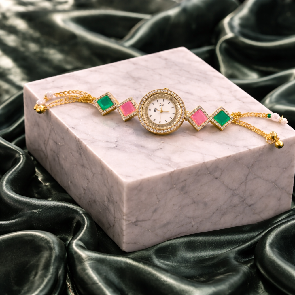 Luxury Gold Bracelet Watch for Women | Premium Gemstone Designer Watch for Wedding & Festive Wear