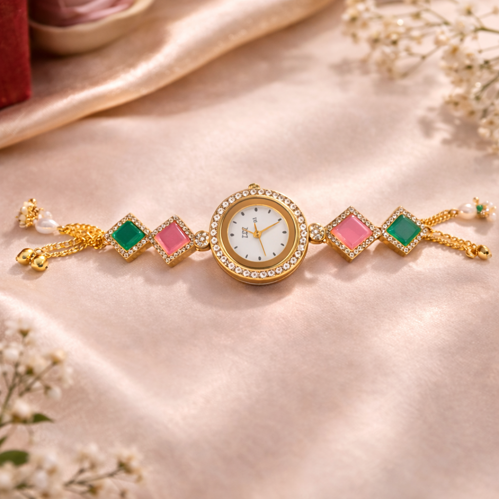 Luxury Gold Bracelet Watch for Women | Premium Gemstone Designer Watch for Wedding & Festive Wear