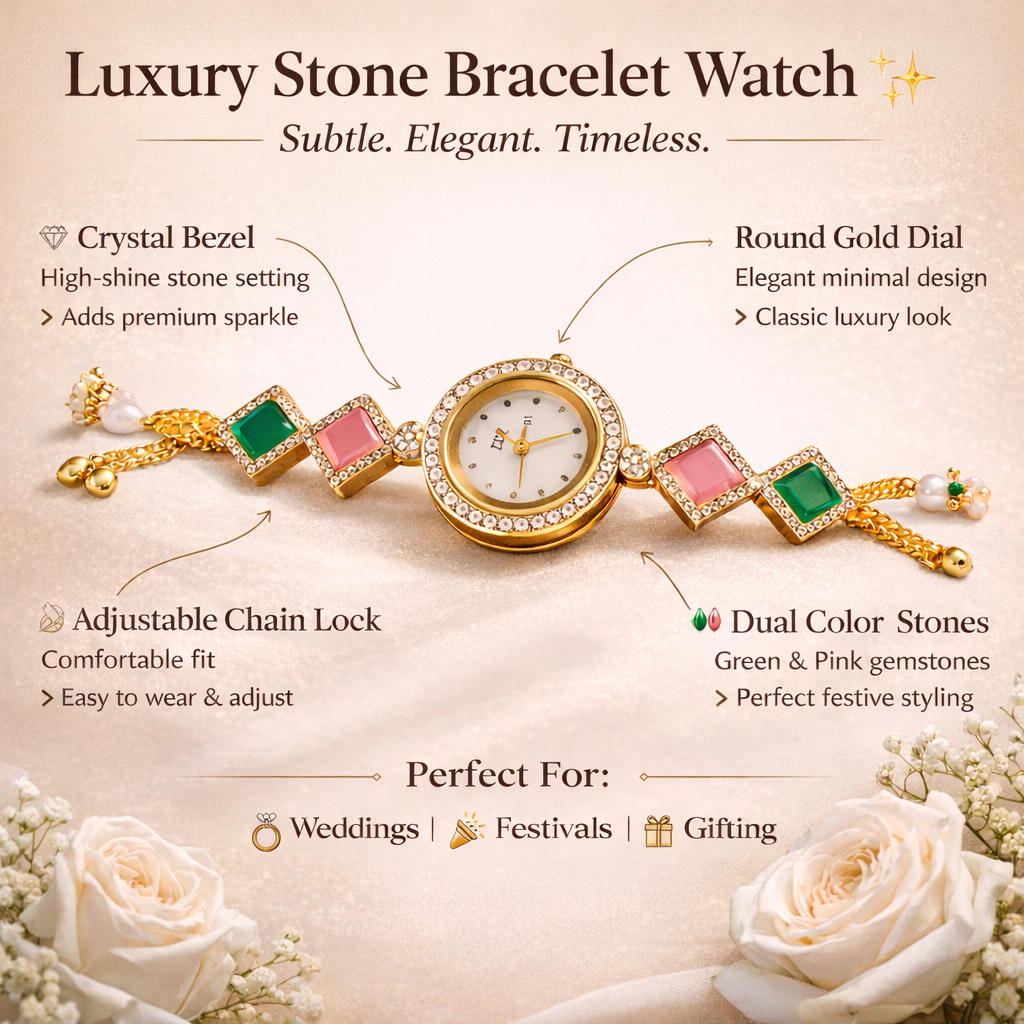Luxury Gold Bracelet Watch for Women | Premium Gemstone Designer Watch for Wedding & Festive Wear