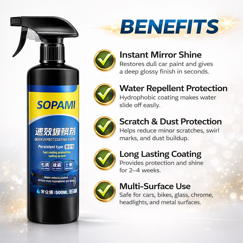 SOPAMI Car Nano Coating Spray – Instant Mirror Shine, Water Repellent Protection, Long Lasting Gloss Car Polish Spray (500ML)