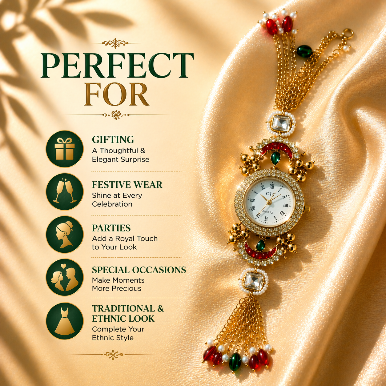 Luxury Kundan Bracelet Watch for Women – Ethnic Jewelry Style Wrist Watch