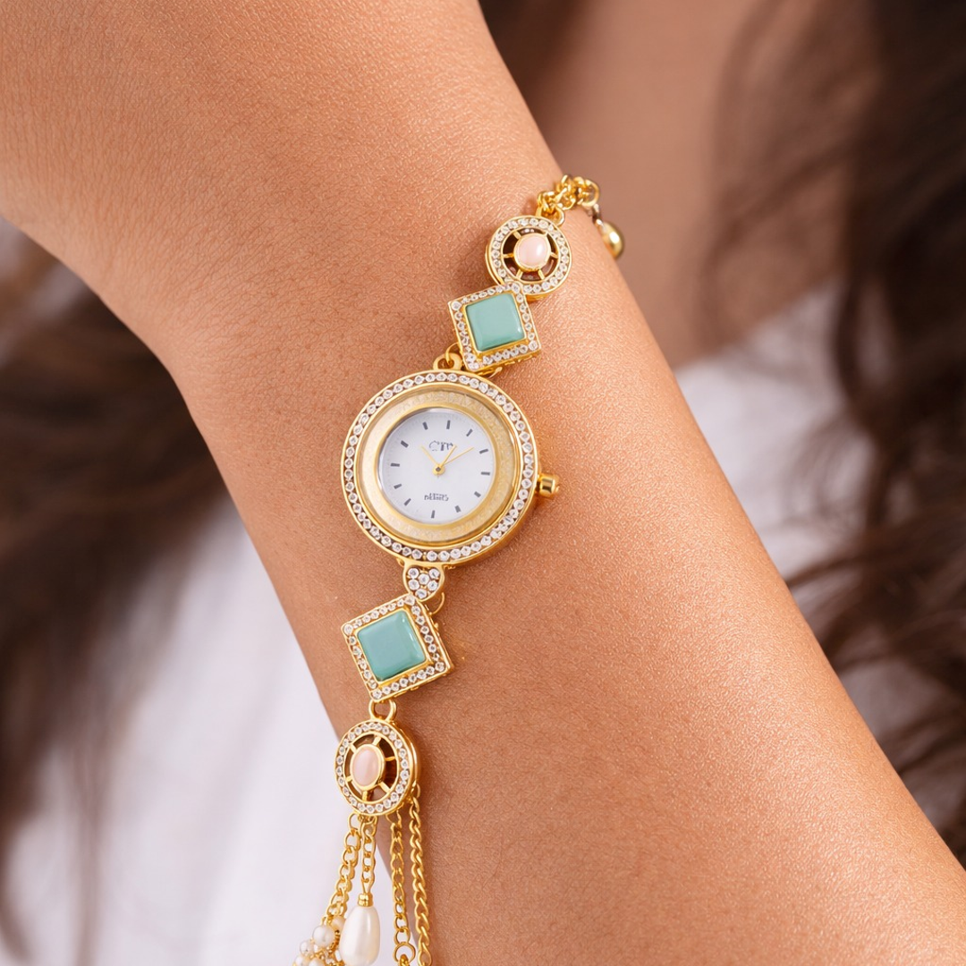 Royal Pearl Tassel Bracelet Watch – Luxury Round Dial Designer Timepiece