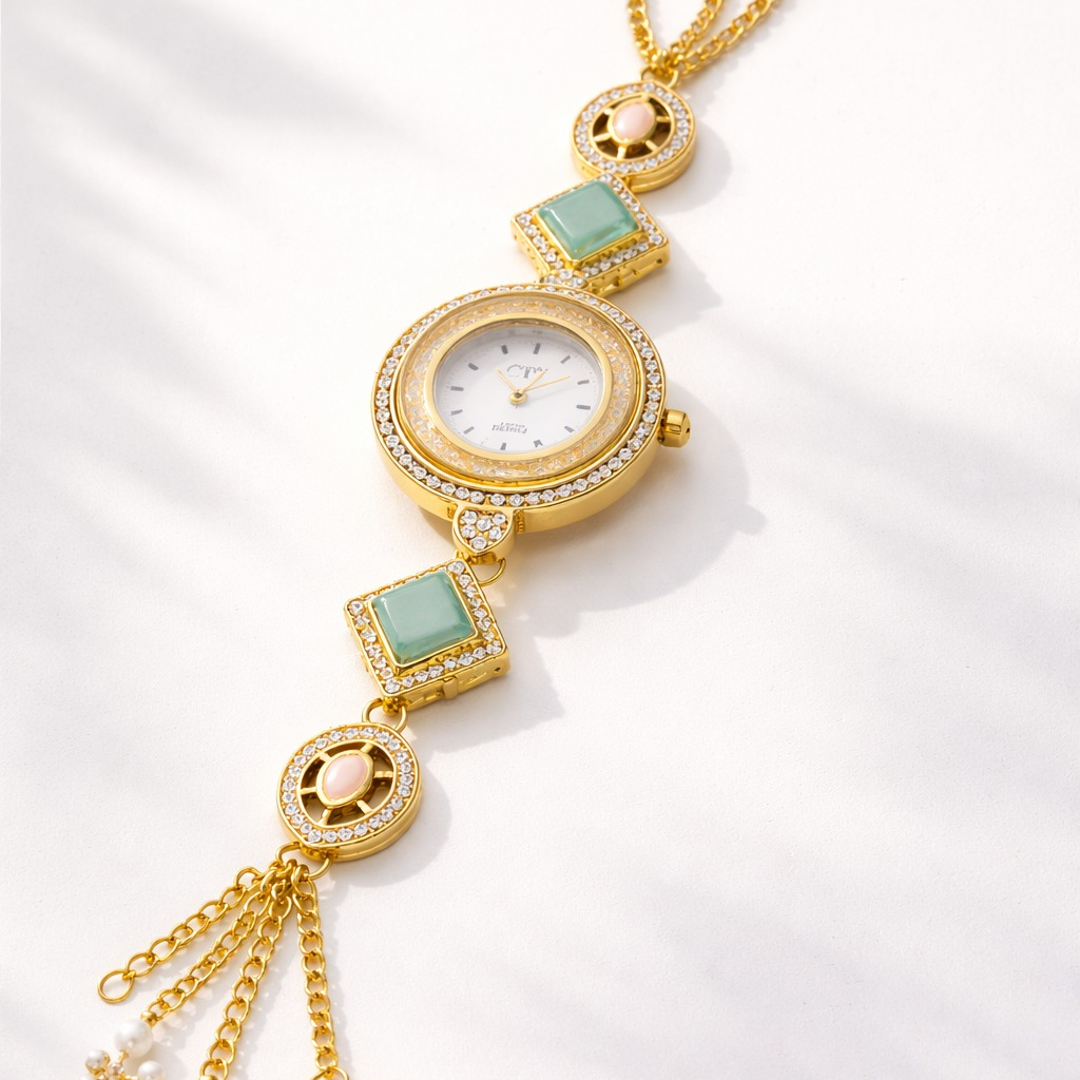 Royal Pearl Tassel Bracelet Watch – Luxury Round Dial Designer Timepiece