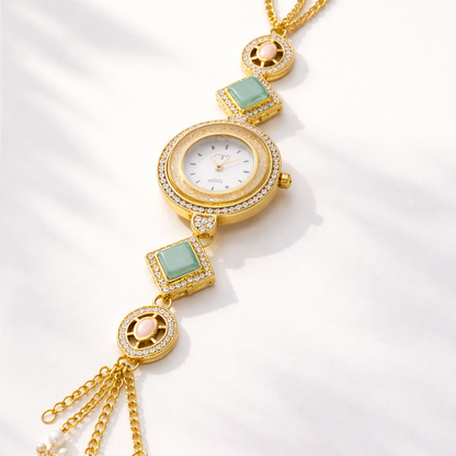 Royal Pearl Tassel Bracelet Watch – Luxury Round Dial Designer Timepiece